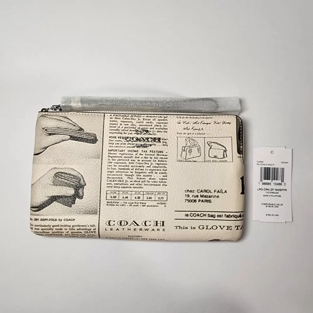 NWT COACH CDE80 Heritage Large Corner Zip Wristlet Newspaper Print v3